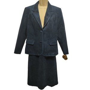 Vintage 80s Johnson Co Ultra Suede Navy Blue Midi Skirt Suit Jacket M-L